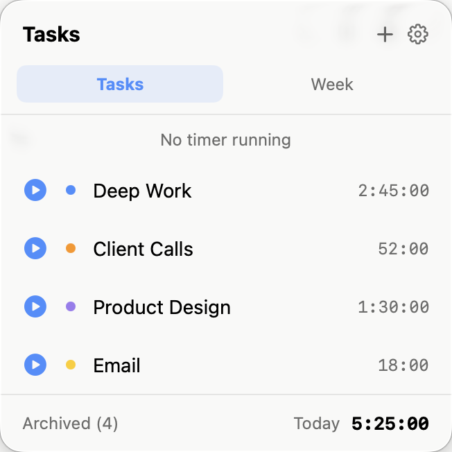 Task Timer Pro's menu bar popover showing a list of tasks with their logged time